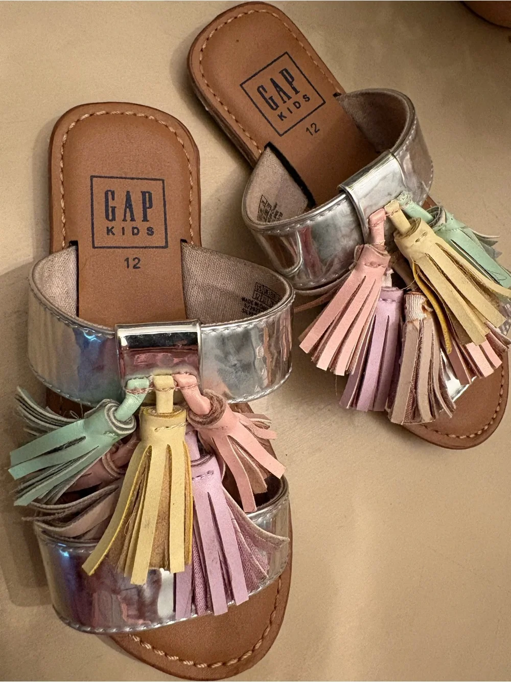 GAP Metallic Silver Kids Slide Sandals with Pastel Tassels